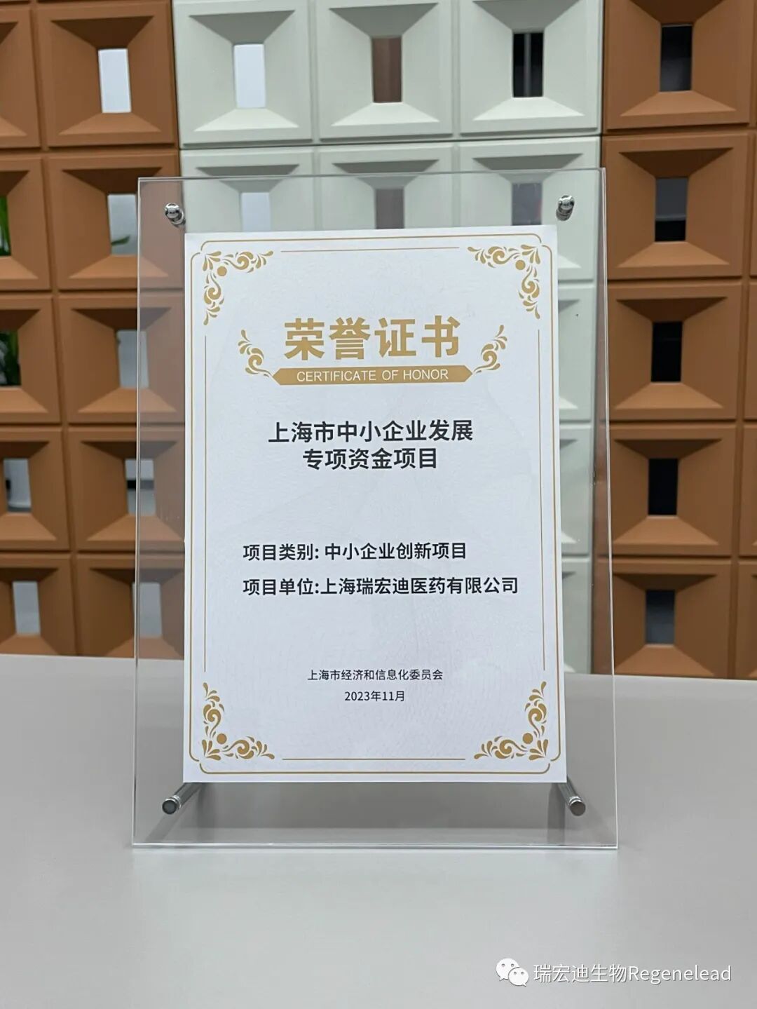 上海市中小企业发展专项资金项目荣誉证书